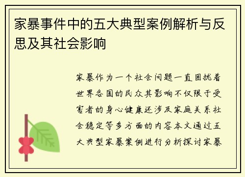 家暴事件中的五大典型案例解析与反思及其社会影响